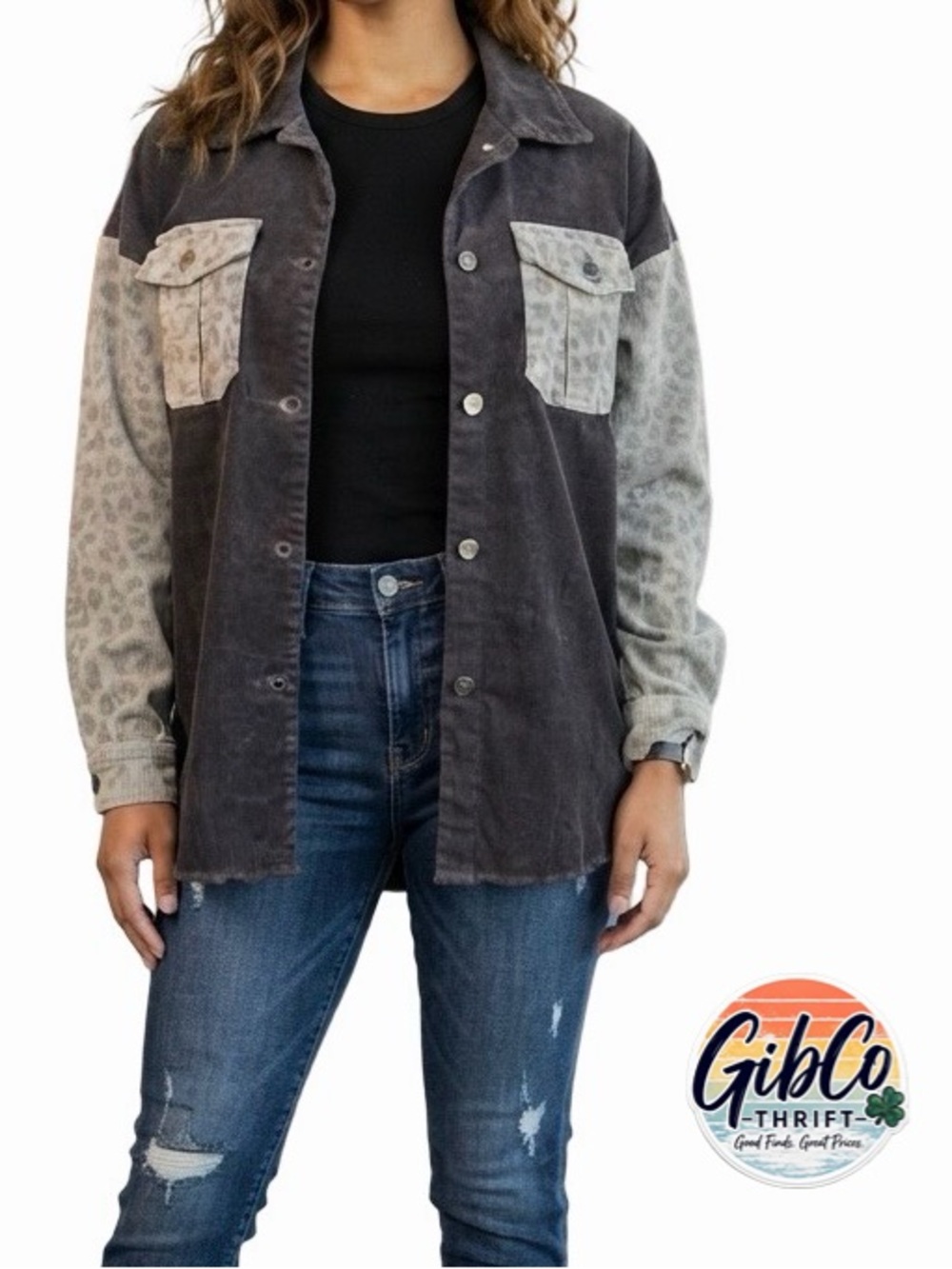 ODDY | Size Medium | Corduroy Shacket Button Closure | Gray Leopard Contrast